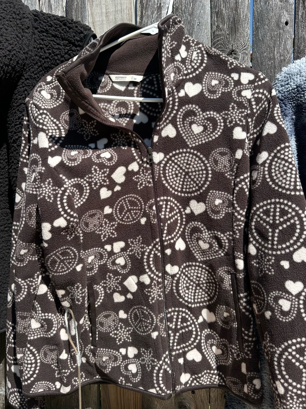 Old Navy Black Fleece Jacket with White Heart & Peace Print